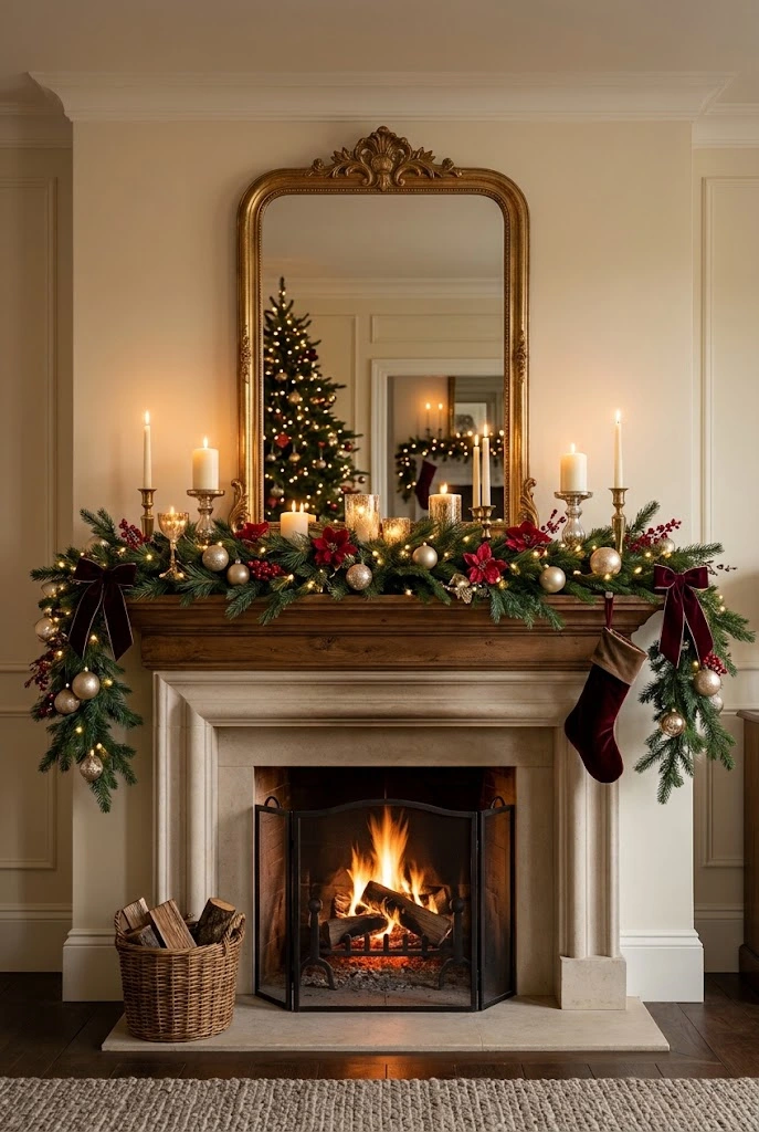 Red and Gold Christmas Mantel Decor