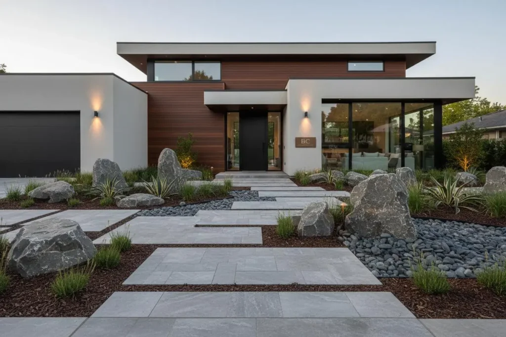 Modern Front Yard Landscaping with Large Rocks and Boulders