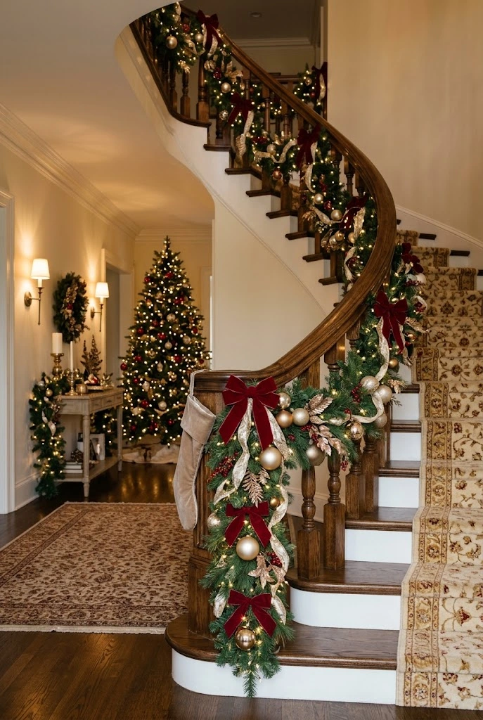 Red and Gold Christmas Staircase Garland