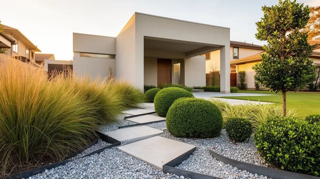 Front Yard Landscaping with White Rocks and Green Plants