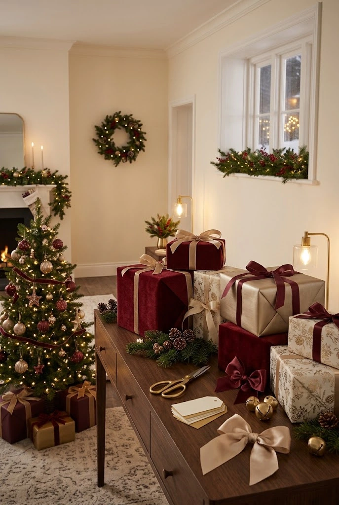 Red and Gold Christmas Gift Wrapping Station